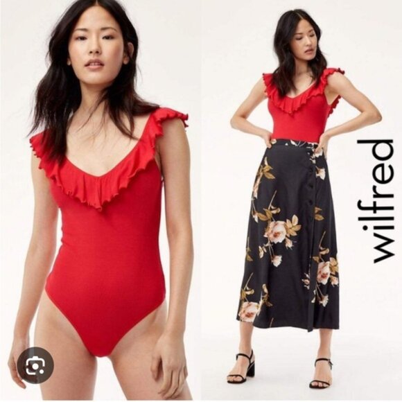 Aritzia Tops - Aritzia Wilfred Danette Ruffle Bodysuit Red
